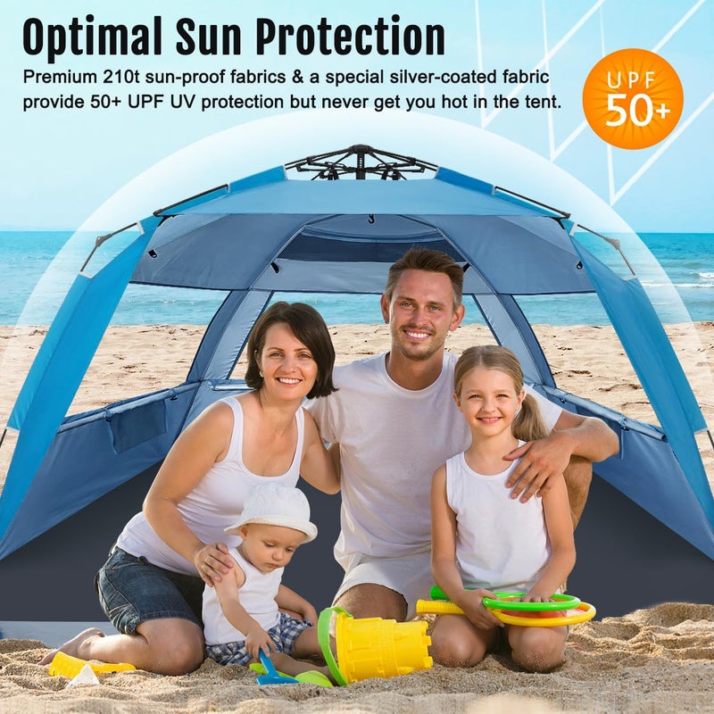 WhiteFang Deluxe XL Pop Up Beach Tent Sun Shade Shelter for 3-4 Person, UV Protection, Extendable Floor with 3 Ventilating Windows Plus Carrying Bag, Stakes, and Guy Lines (Solid Blue) - Image 3
